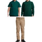 Mavimoure Unisex Çocuk Ribana Bel Keten Okul Pantolonu + Polo Yaka Kısa ve Uzun Kol T-Shirt - Bej - Yeşil - 6 Yaş