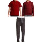 Mavimoure Unisex Çocuk Ribana Bel Keten Okul Pantolonu + Polo Yaka Kısa ve Uzun Kol T-Shirt - Füme - Bordo - 10 Yaş