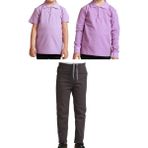 Mavimoure Unisex Çocuk Ribana Bel Keten Okul Pantolonu + Polo Yaka Kısa ve Uzun Kol T-Shirt - Füme - Lila - 14 Yaş