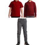 Mavimoure Unisex Çocuk Ribana Bel Keten Okul Pantolonu + Polo Yaka Kısa ve Uzun Kol T-Shirt - Gri - Bordo - 12 Yaş