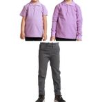 Mavimoure Unisex Çocuk Ribana Bel Keten Okul Pantolonu + Polo Yaka Kısa ve Uzun Kol T-Shirt - Gri - Lila - 15 Yaş