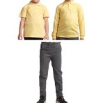 Mavimoure Unisex Çocuk Ribana Bel Keten Okul Pantolonu + Polo Yaka Kısa ve Uzun Kol T-Shirt - Gri - Sarı - 9 Yaş