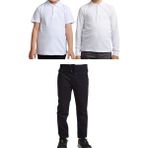 Mavimoure Unisex Çocuk Ribana Bel Keten Okul Pantolonu + Polo Yaka Kısa ve Uzun Kol T-Shirt - Lacivert - Beyaz - 9 Yaş