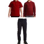 Mavimoure Unisex Çocuk Ribana Bel Keten Okul Pantolonu + Polo Yaka Kısa ve Uzun Kol T-Shirt - Lacivert - Bordo - 12 Yaş