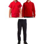 Mavimoure Unisex Çocuk Ribana Bel Keten Okul Pantolonu + Polo Yaka Kısa ve Uzun Kol T-Shirt - Lacivert - Kırmızı - 8 Yaş