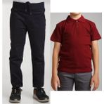 Mavimoure Unisex Çocuk Ribana Bel Keten Siyah Okul Pantolonu + Polo Yaka Kısa Kol T-Shirt - Siyah - Bordo - 12 Yaş