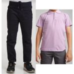 Mavimoure Unisex Çocuk Ribana Bel Keten Siyah Okul Pantolonu + Polo Yaka Kısa Kol T-Shirt - Siyah - Lila - 13 Yaş