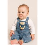 Maxi İdol Unisex Bebek Denim 2’li Takım - Ayı Aplikeli Cepli Salopet ve Beyaz Bluz - Mavi - Açık Mavi - 6 Ay