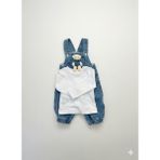 Maxi İdol Unisex Bebek Denim 2’li Takım - Ayı Aplikeli Cepli Salopet ve Beyaz Bluz - Mavi - Açık Mavi - 9 Ay