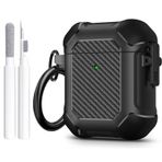 Maxjoy AirPods Kılıfı, Karbon Fiber Güvenli Kilit Klipsi Tam Gövde Darbeye Dayanıklı Sert Kabuk Koruyucu Kılıf AirPod 1. ve 2. Nesil Kablosuz Şarj Kılıfı için Anahtarlıklı Kılıf, Siyah