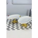May Home 2'li Porselen Gold Ayaklı Oval Tabak & Sunum Servis Tabağı