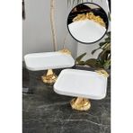 May Home Metal Ayaklı Porselen Tabak Pasta & Kurabiye & Yemek Servis Seti Sunumluk - Beyaz