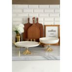 May Home Sofra Sunum Tepsi Tabak Seti 2'li Porselen Kulplu Metal Döküm Ayaklı 28 cm Çapında - Beyaz