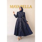 MayaBella Işlemeli Saten Tesettür Abiye - Lacivert - 42