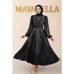 MayaBella Işlemeli Saten Tesettür Abiye - Siyah - 48