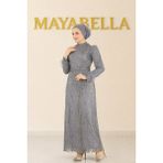 Mayabella Otriş Detaylı Simli Tesettür Abiye - Gri - 38