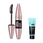 Maybelline New York Lash Sensational Yelpaze Etkili Intense Black Maskara - Ekstra Siyah 9.5 ml & Mini Fit Me Matte - Poreless Matlaştırcı Makyaj Bazı Makyaj Seti