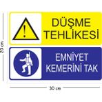 Mayeka Metal Düşme Tehlikesi Emniyet Kemerini Tak 20X30 cm A4 Uyarı Iş Güvenliği Levhası - 20 x 30 cm