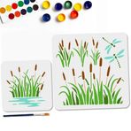 MAYJOYDIY 2 Adet Kamış Çalı Boyama Şablonu Kamış Çim Yusufçuk Şablonları 11.8×11.8 cm/7.9×7.9 cm Boya Fırçası ile Yeniden Kullanılabilir Kamış Yansıma Şablonları Pencere Ahşap Duvar Ev Dekoru