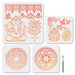 MAYJOYDIY 4 Adet Hint Fil Şablonu Mandala Lotus Sanat Şablonları 11,8 x 11,8/7,8 × 7,8 cm Yeniden Kullanılabilir Çiçek El İşi Şablonları Pencere Ahşap Duvar Ev Dekoru için Boya Fırçalı