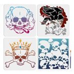 MAYJOYDIY 4 adet İskelet Karga Şablonları 11,8 × 11,8 cm Büyük Kuzgun Kafatası Çapraz Kemikler Boyama Şablonu Boya Fırçası Taç Kafatası Sigara Kafatası Ahşap Kumaş için Çizim Kaya Cadılar Bayramı