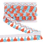 MAYJOYDIY 9,1 m × 50 mm Renkli Püsküllü Püsküllü Süsleme Polyester Püsküllü Dantel Bandı İki Renkli Perde Dikiş ve El İşi Projeleri için Yastık Ev Dekorasyonu (Turuncu + Mavi)