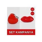 Maykis Dudak Kalp Set Kırtasiye, Hediyelik, Kalemlik, Kozmetik, Kırmızı Set Makyaj Çantası