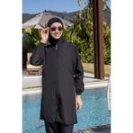 Mayom Siyah Renk Tam Kapalı Su Iticili Hızlı Kuruyan Fermuarlı Tesettür Mayo 3XL Üç Parça