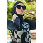 Mayou Siyah Yeşil Geometrik Desenli Kolları Likralı Tesettür Mayo