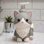 Mays 3D Studio 3D Baskı Sevimli Kedi Köpük Sabunluk | Dekoratif Sıvı Sabun Dispenseri | Gri Beyaz Tasarım