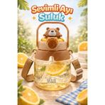 M&B Water Bottle Sevimli Tavşan Figürlü Matara 750 ml - Pipetli Çocuk Suluk, Okul Için Boyun Askılı Suluk - Kahverengi - 1
