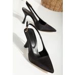 Mc vay Shoes Stiletto Gold Toka Detaylı Siyah Saten Kadın Stiletto Ayakkabı