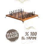 Mc33 - Metal Satranç Takımı Çin Antik Figürlü Metal Taşlar – Gerçek Kayın Tahtası - Hediyelik Satranç Takımı - 25X25cm