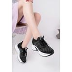 Mcdark Kadın Siyah Gizli Topuklu Taşlı Rahat Yüksek Taban Triko Sneaker Ayakkabı - Black