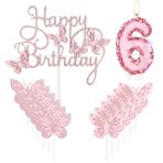 mciskin Mutlu 6. Kelebek Doğum Günü Mumları, Pembe 6 Numaralı Mum Kelebek Kek Cupcake Topper Kızlar için, 6. Doğum Günü Mumları Kek Süslemeleri, Kelebek Temalı Parti için Sevimli 6. Doğum Günü Pastası Süsü