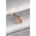 MCM Group 316L Çelik Gold Pembe Mineli Kalp Zirkon Taş Detay Tragus Piercing