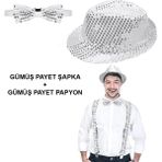 MCM Group Gümüş Payetli Şapka ve Papyon Seti – Parıltılı Yetişkin Kostüm Seti - Lisinya