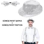 MCM Group Gümüş Payetli Şapka ve Papyon Seti – Parıltılı Yetişkin Kostüm Seti