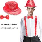 MCM Group Kırmızı Payetli Şapka ve Papyon Seti – Parıltılı Yetişkin Kostüm Seti