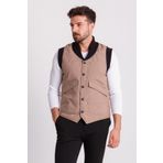 Mcr Çizgi Desenli Bej Rengi Slim Fit Şal Yaka Erkek Yelek