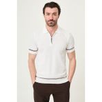 MCR Çizgi Detaylı Slim Fit Polo Yaka Fermuarlı Erkek Triko T-Shirt - Beyaz - Kiremit