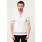 MCR Çizgi Detaylı Slim Fit Polo Yaka Fermuarlı Erkek Triko T-Shirt - Beyaz - XL