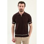 MCR Çizgi Detaylı Slim Fit Polo Yaka Fermuarlı Erkek Triko T-Shirt - Kahverengi