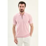 MCR Çizgi Detaylı Slim Fit Polo Yaka Fermuarlı Erkek Triko T-Shirt - Pembe - 2XL