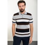 MCR Çizgili Açık Gri Slim Fit Polo Yaka Erkek Triko T-Shirt - 2XL