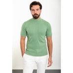MCR Çizgili Açık Yeşil Slim Fit Yarım Balıkçı Yaka Erkek Triko T-Shirt - 2XL