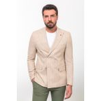 MCR Çizgili Bej Rengi Slim Fit Geniş Yaka Kruvaze Keten Erkek Ceket - 56