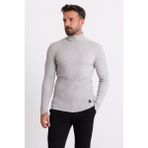 MCR Çizgili Gri Slim Fit Tam Balıkçı Yaka Erkek Triko Kazak
