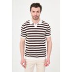 MCR Çizgili Slim Fit Apaç Yaka Erkek Triko T-Shirt - Ekru - Kahve
