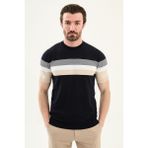MCR Çizgili Slim Fit Bisiklet Yaka Erkek Triko T-Shirt - Lacivert